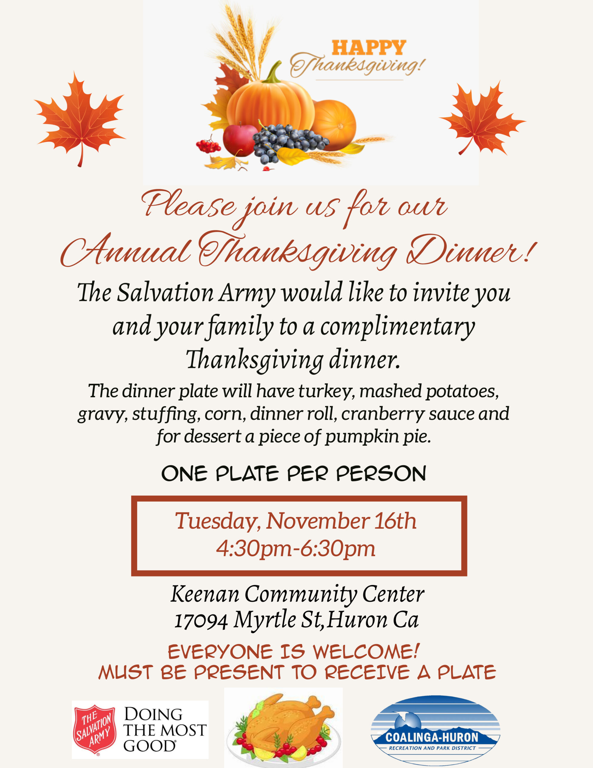 Huron Thanksgiving Dinner Sponsored by Salvation Army